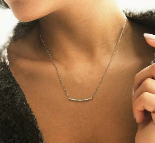 Curved Bar Necklace in 14K Gold, with Diamonds-Yellow/White