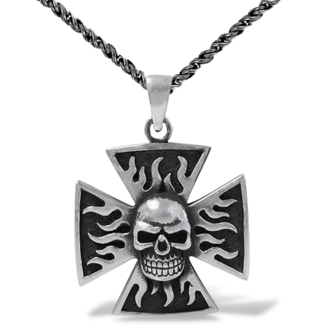Conquertime Cross Skull Amulet in Sterling Silver