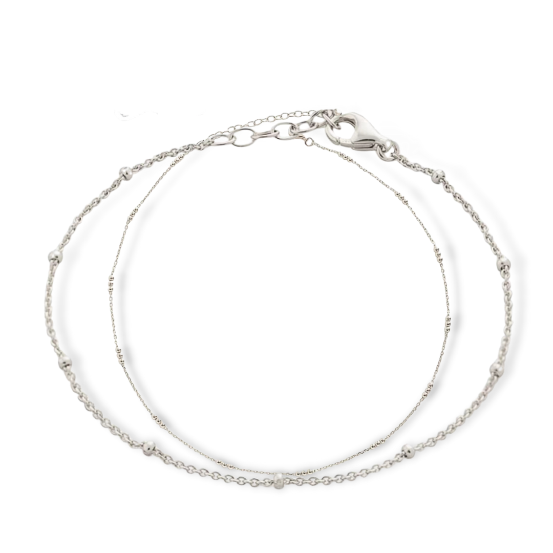 Strata Two Layers Bead Chain Anklet in Sterling Silver