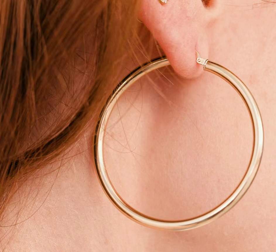 Large Round Tube Hoop Earring in 14k Gold, 3mm