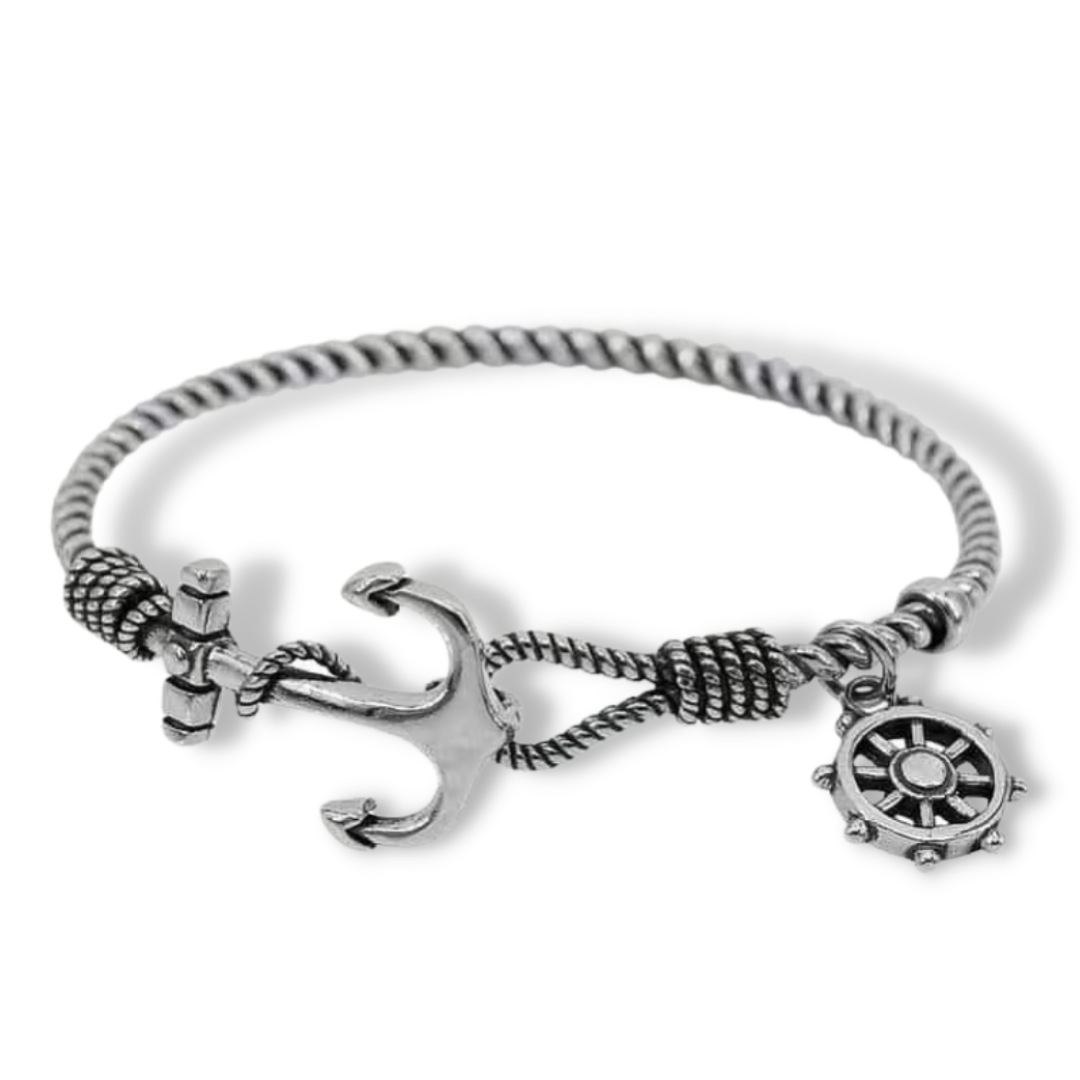 Maritime Anchor Bracelet with Ship Wheel Charm in Sterling Silver