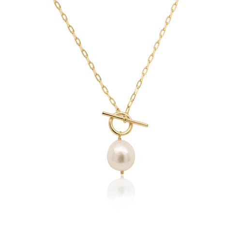 Gold Plated Pearl Paperclip Toggle Necklace in Sterling Silver